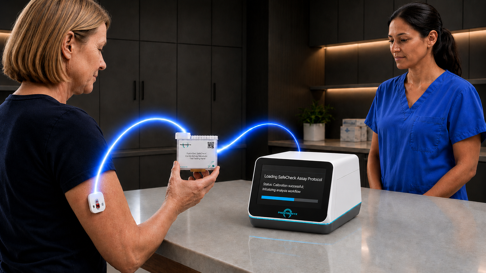 Concept rendering of a patient holding a cartridge, with a sampling puck on the arm and a FusionDx reader on the table.